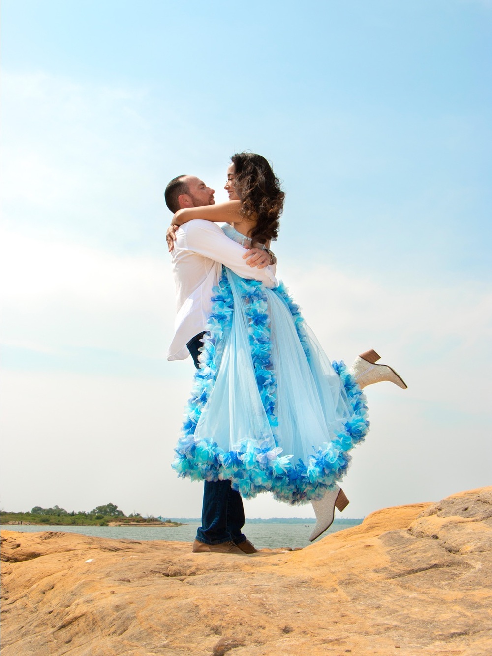 Fashion Nova Sky Blue Floral-Trim Tulle Maxi Dress